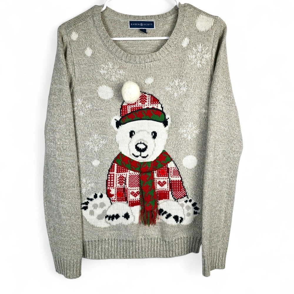 Karen Scott Polar Bear Sweater Women S Grey Plaid Hat 3D Pom Pom Holiday